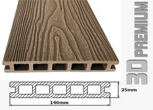 Listone WPC 3D 25m² per pavimentazione decking colore Teak Plus effetto legno listone 146x2200mm spessore 25mm