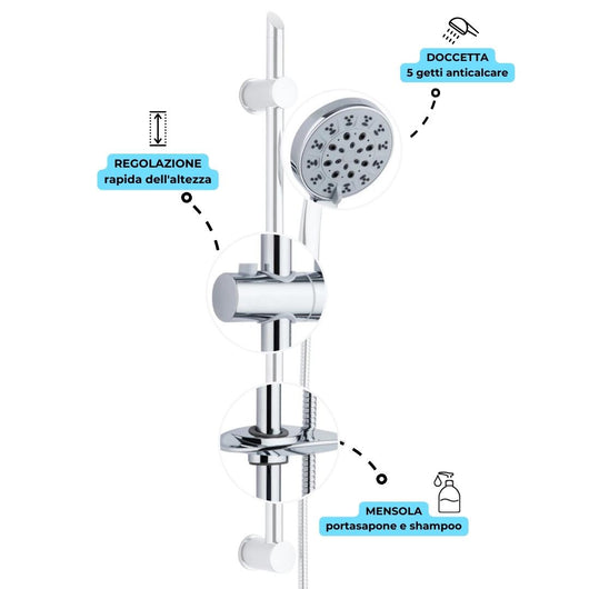 Asta doccia saliscendi 005 completo doccetta 5 funzioni multigetto salvaforo h 72 cm *** pezzi 1