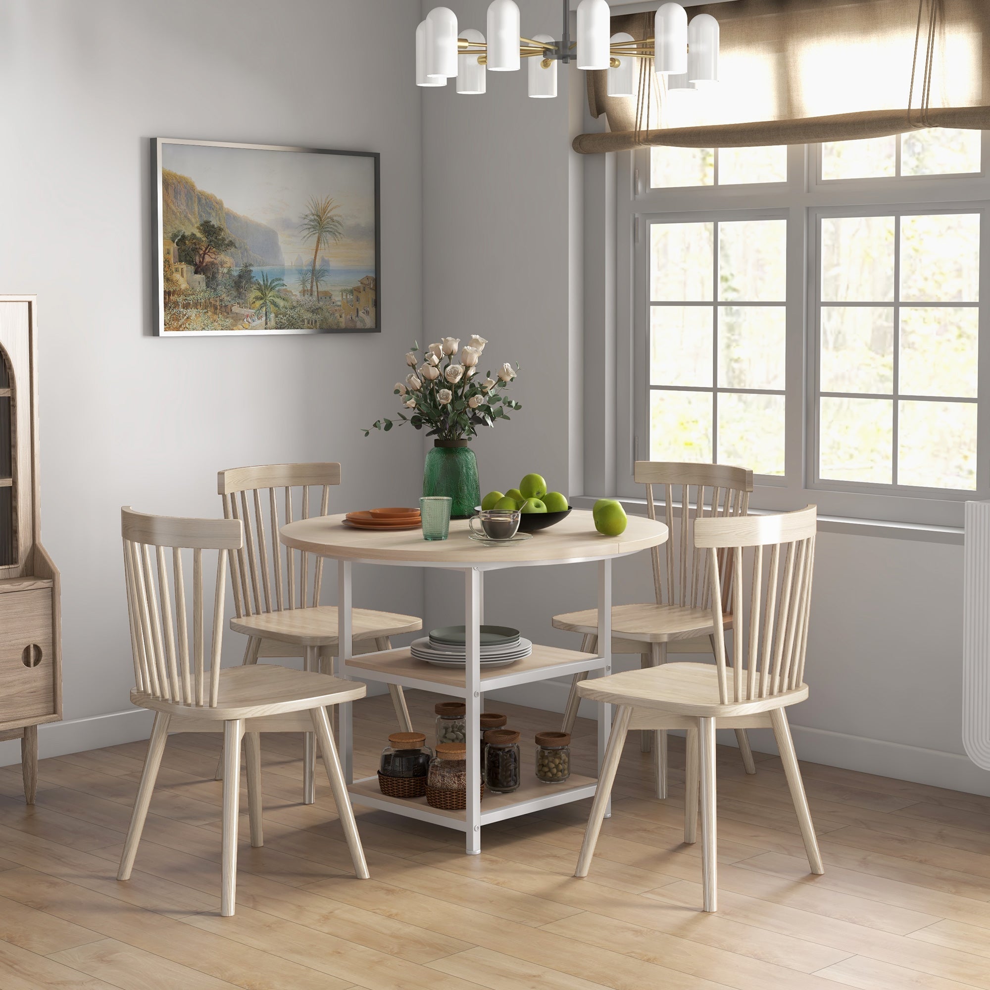 Tavolo da Pranzo 4-6 Persone Ø100x76 cm con Ripiani in Acciaio e MDF Rovere e Bianco