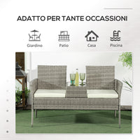 Divanetto per Esterni 2 Posti con Tavolino da Caffè 137x59x82 cm in Acciaio e Rattan PE Grigio e Crema