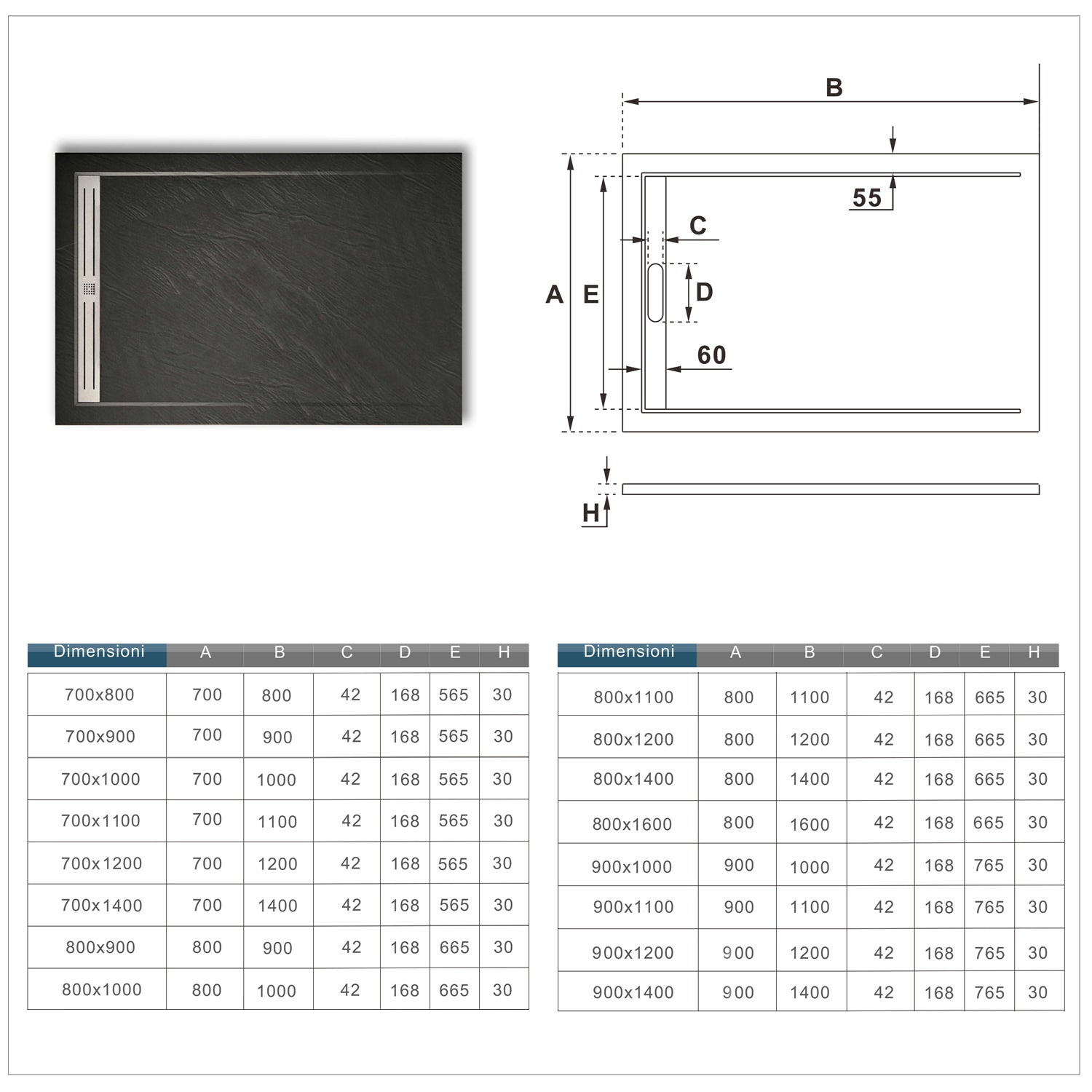 Piatto Doccia Rettangolare 80x120x3cm in Pietra Vulcanica e Resina Mista Finitura Pietra Nera Ruvida Ultraslim Antiscivolo Antibatterico