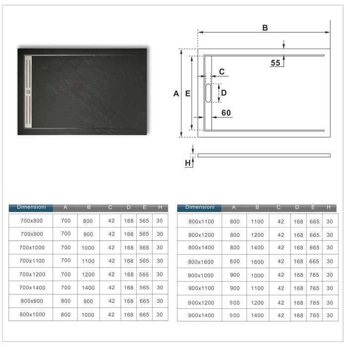 Piatto Doccia Rettangolare 80x140x3cm in Pietra Vulcanica e Resina Mista Finitura Pietra Nera Ruvida Ultraslim Antiscivolo Antibatterico