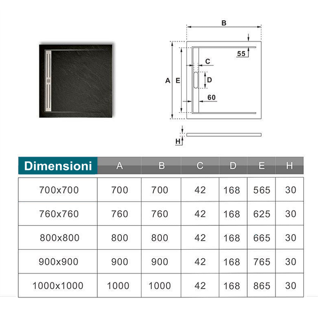 Piatto Doccia Quadrato 80x80x3cm in Pietra Vulcanica e Resina Mista Finitura Pietra Nera Ruvida Ultraslim Antiscivolo Antibatterico