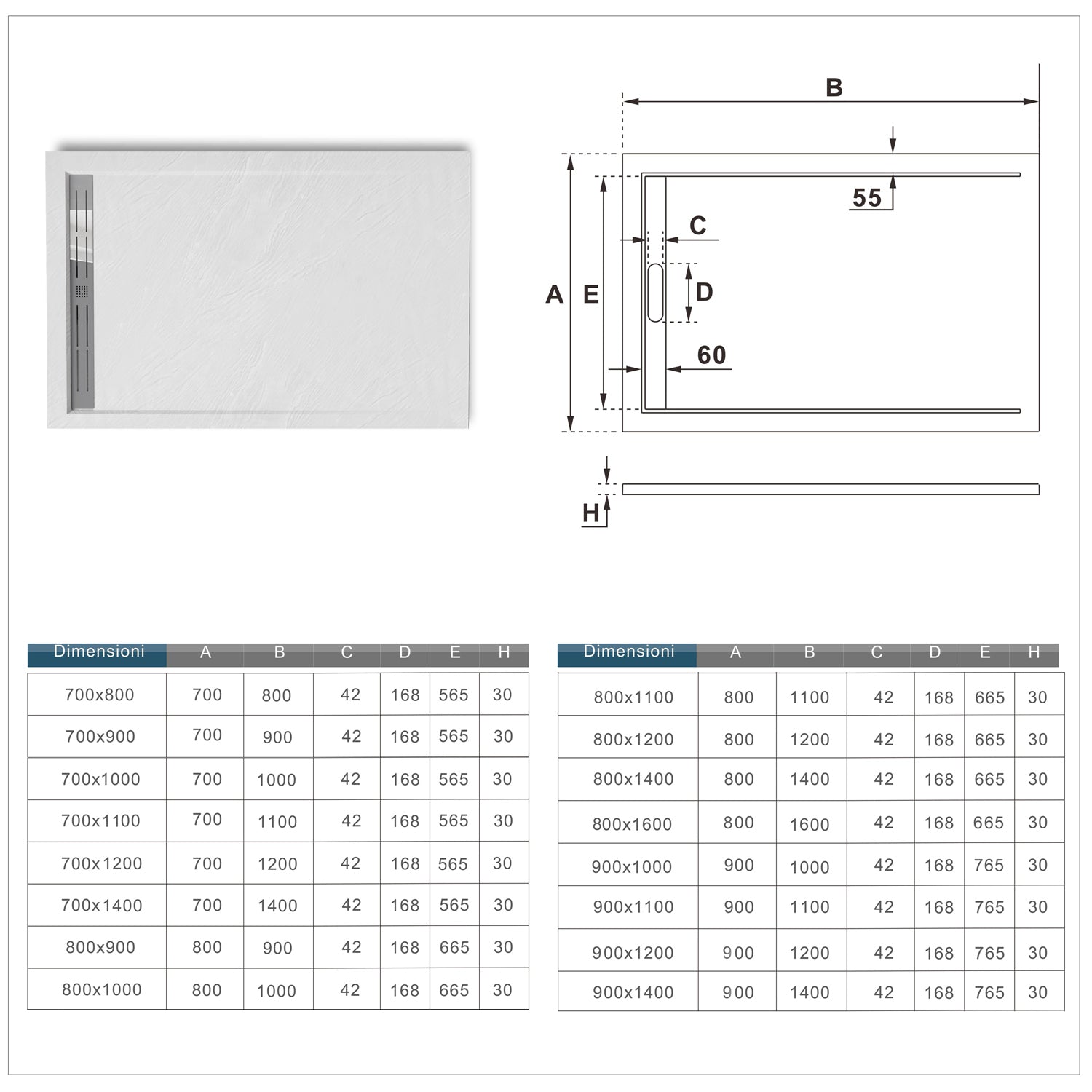 Piatto Doccia Rettangolare 80x120x3cm in Pietra Vulcanica e Resina Mista Finitura Pietra Bianca Ruvida Ultraslim 3 cm Antiscivolo Antibatterico