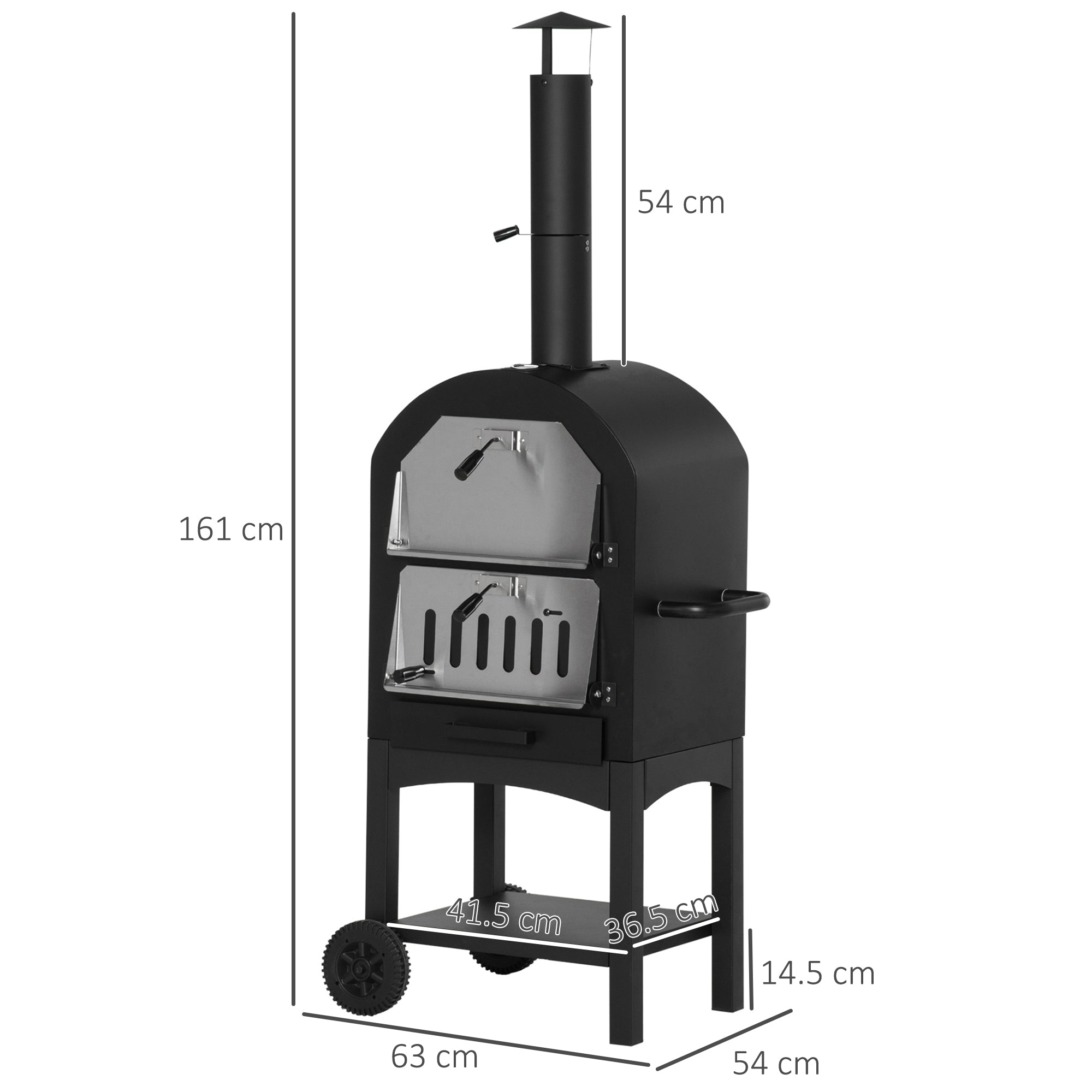 Forno per Pizza e Barbecue a Carbone Portatile  con Camino e Ruote  in Acciaio Nero