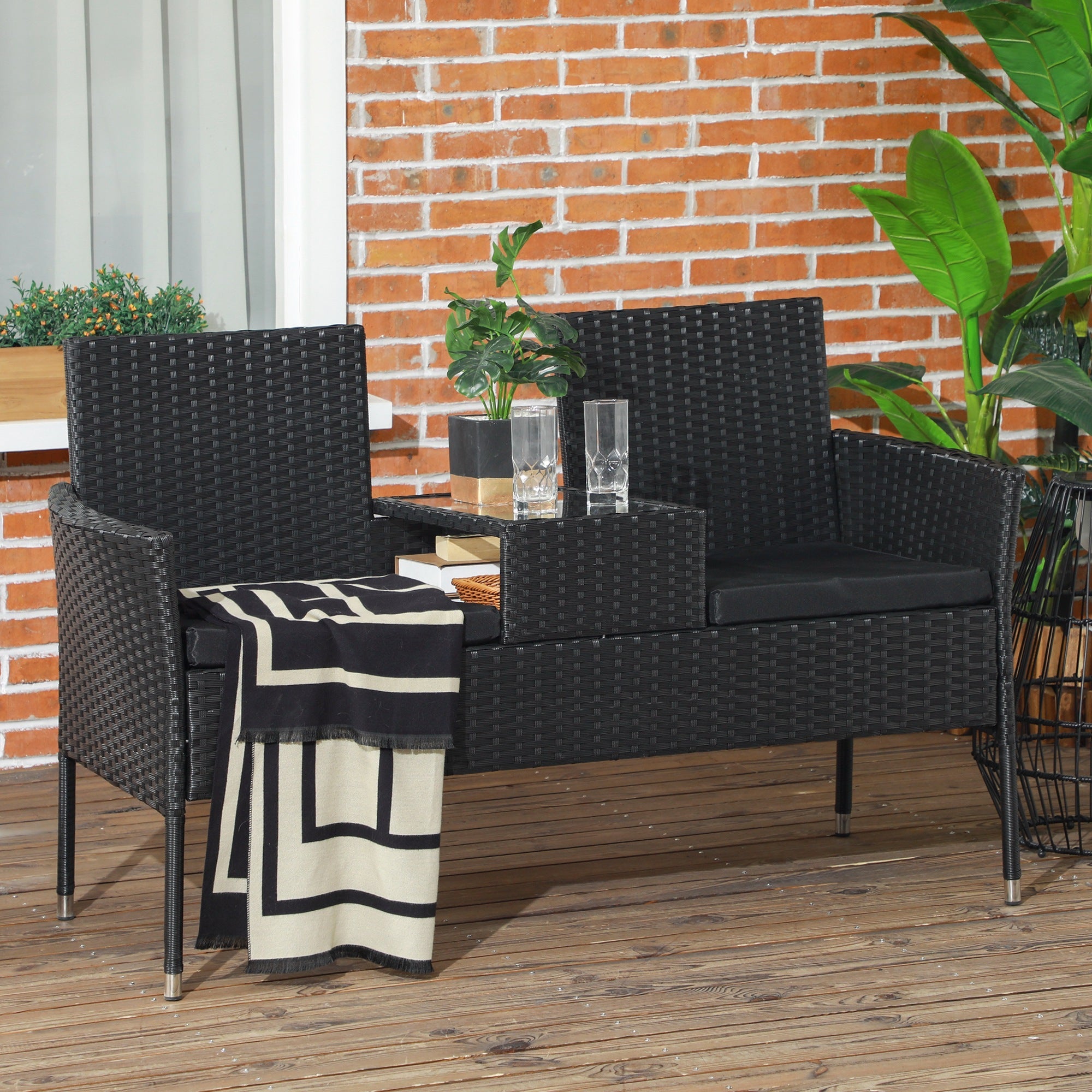 Divanetto per Esterni 2 Posti con Tavolino da Caffè 137x59x82 cm in Acciaio e Rattan PE Nero