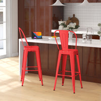 Set 2 Sgabelli da Bar Stile Industriale Schienale Rimovibile 44x49x116 cm in Metallo Rosso