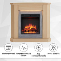 Camino elettrico ad angolo Pegasos | Fiamma 3D, riscaldamento 2000W, LED | Telecomando, timer, termostato |Rovere chiaro