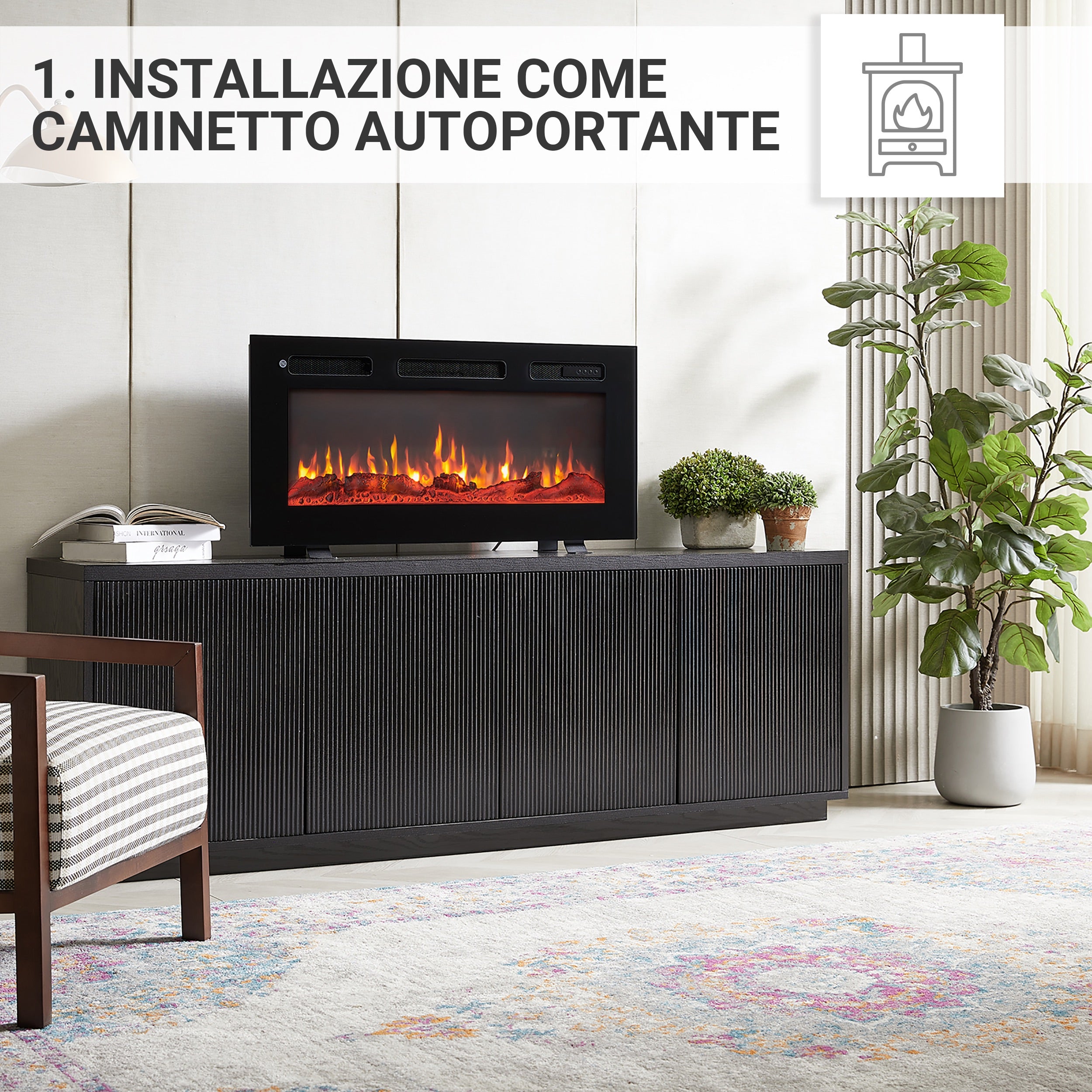 Camino elettrico Leif 36"| Caminetto elettrico 3 in 1 autoportante, a parete o a incasso