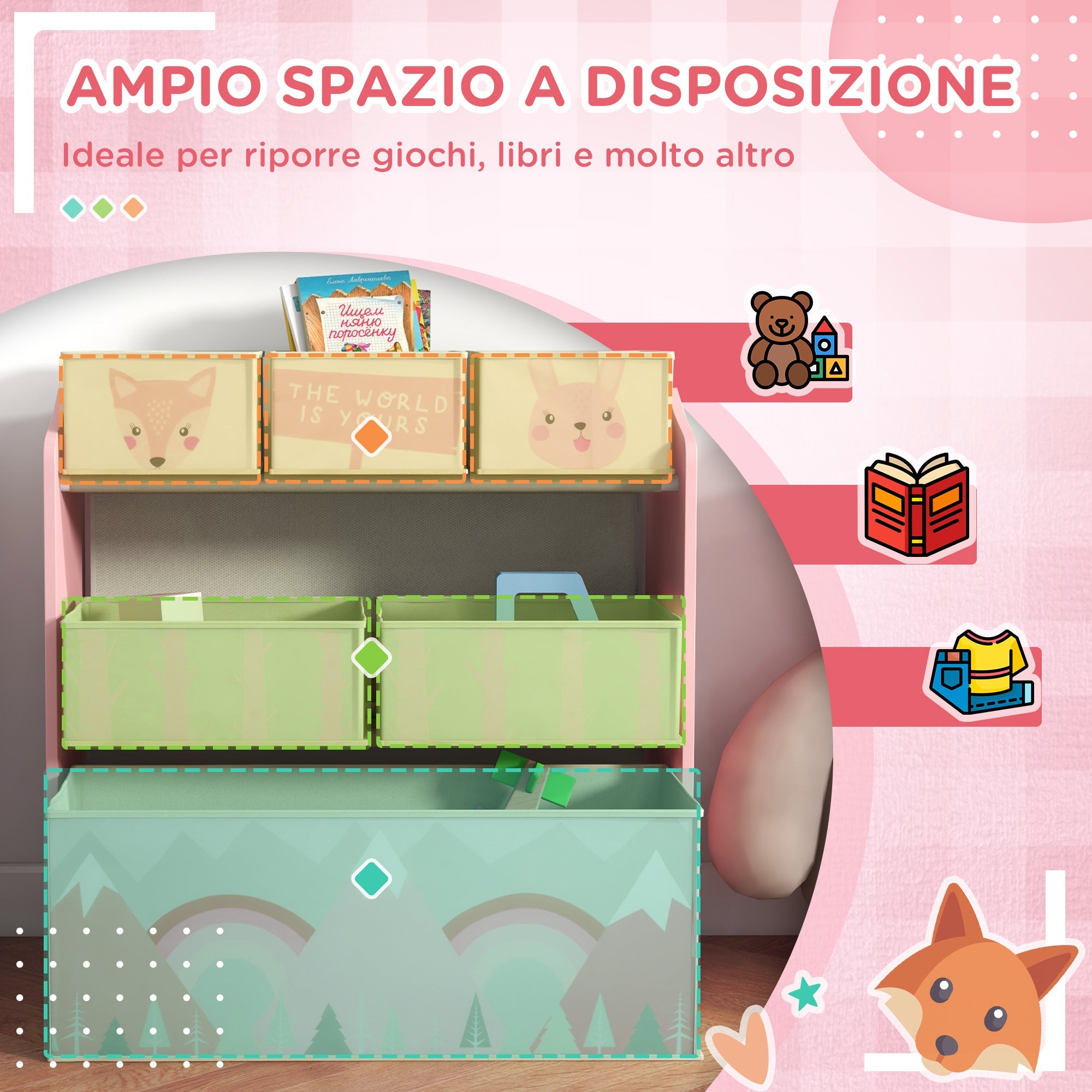 Scaffale Portagiochi per Bambini 63x30x66 cm 6 Contenitore Rimovibili Rosa