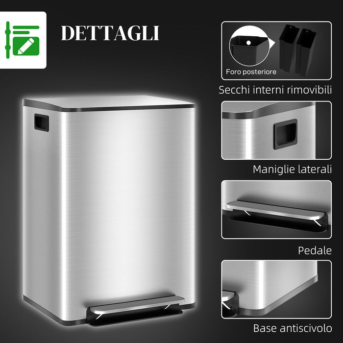 Pattumiera a Pedale 2 Sezioni 30L 47,7x37,5x66,8 cm in Acciaio Inox e PP