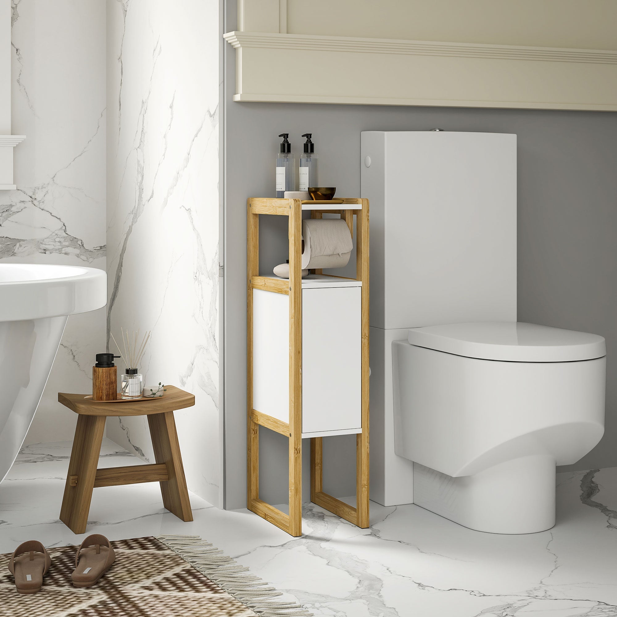 Mobiletto Bagno Salvaspazio Armadietto Porta Carta Igienica con Ripiano in Bambù 20x33x80cm Bianco