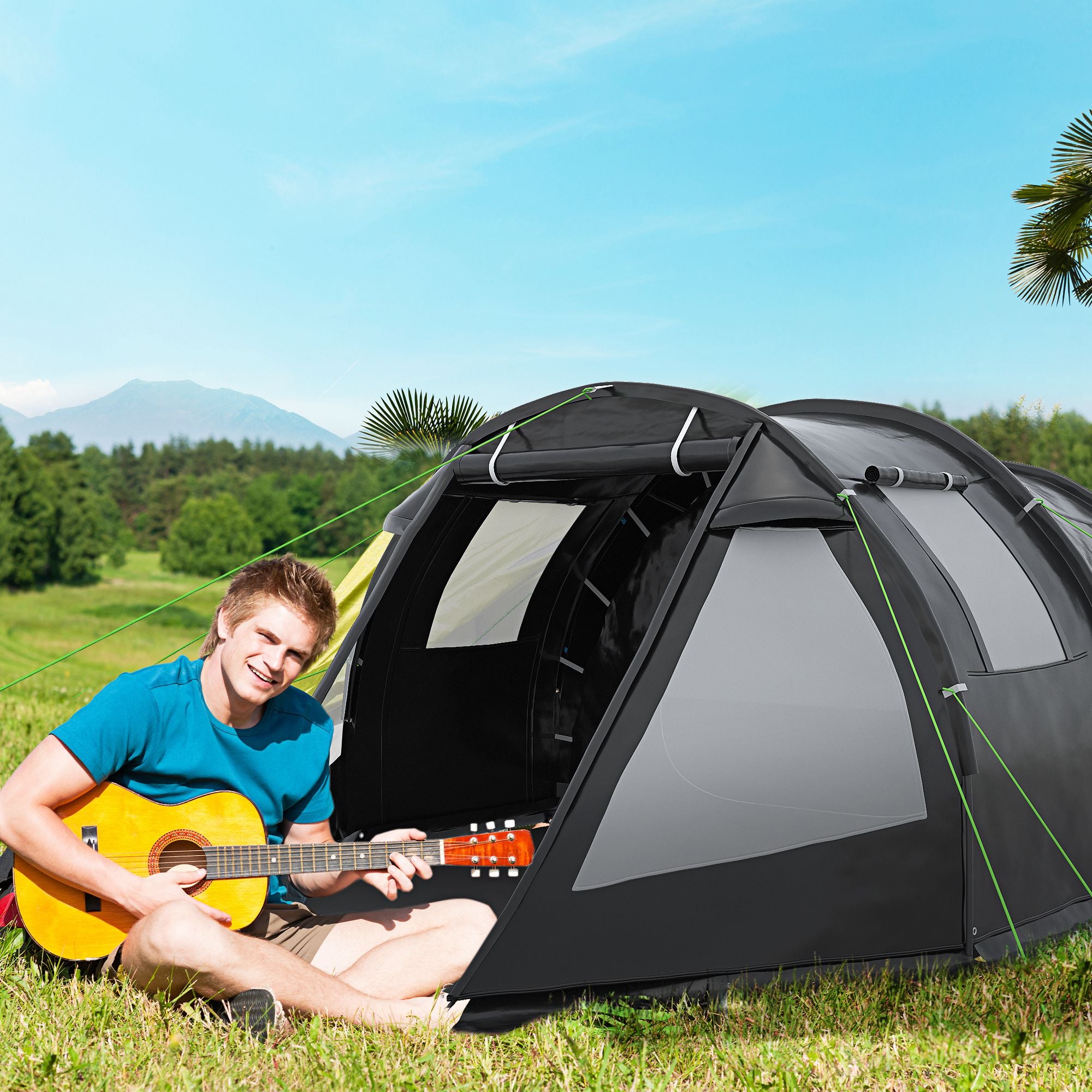 Tenda da Campeggio per 3-4 Persone 475x264x172 cm Due Stanze con Finestre e Borsa da Trasporto Nero