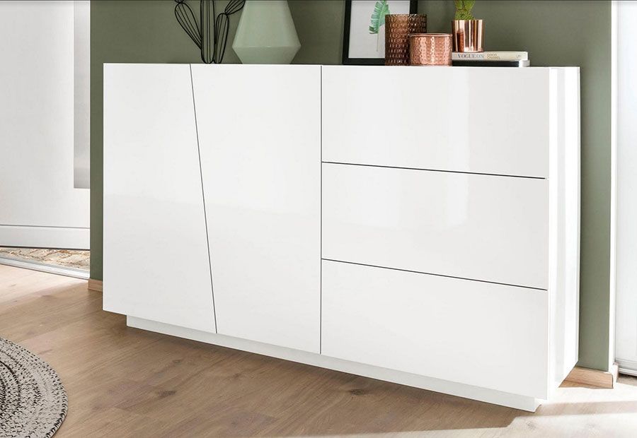 Credenza Moderna, 2 ante, 3 cassetti, finitura Bianco Laccato Lucido, ZTC95590610