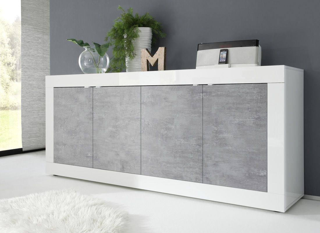 Credenza Moderna, Madia bianca laccata lucida e cemento a 4 ante ZLCBSC-MDM-BC4