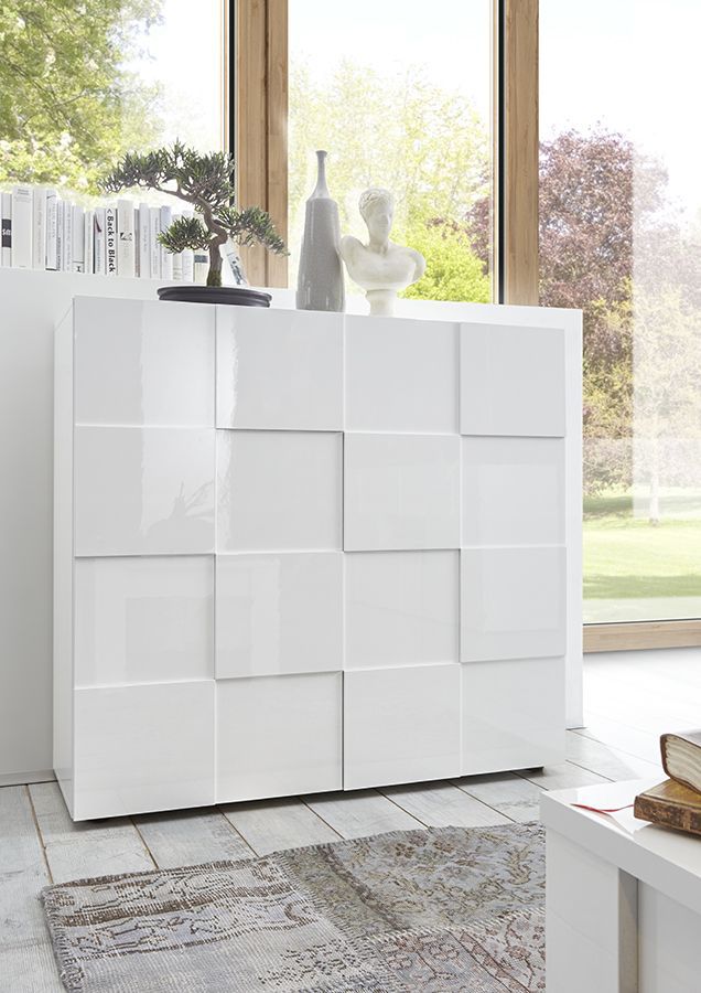 Credenza Moderna, Madia di Design, 2 ante Alta, Bianco Lucido, ZLCMS-MD2ABI