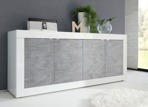 Credenza Moderna, Madia di Design, 4 ante, Bianco Lucido e Beton ZLCBSC-MDP-BBET-4A