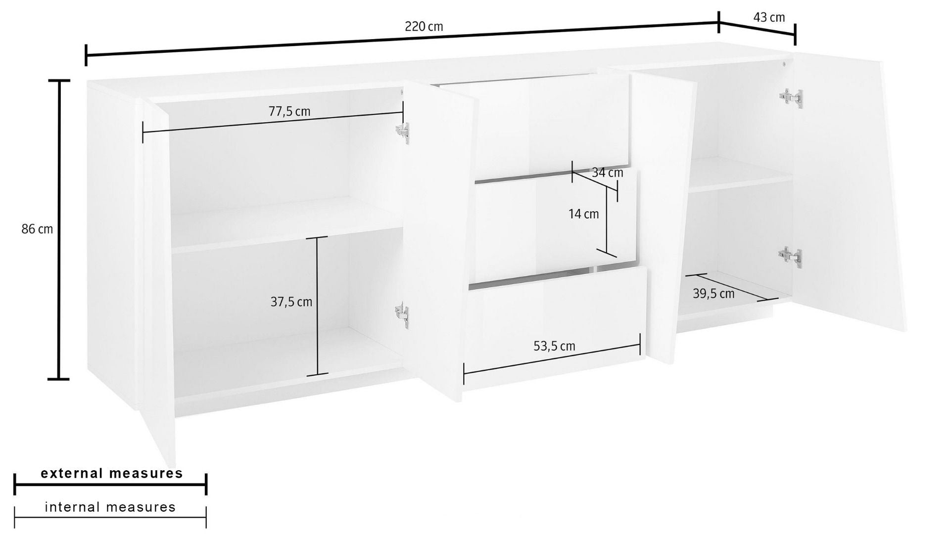 Madia credenza 4 ante 3 cassetti in finitura bianco lucido, ZTCVG49190468