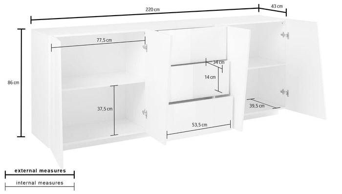 Madia credenza 4 ante 3 cassetti in finitura bianco lucido, ZTCVG49190468