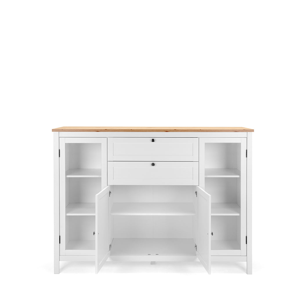 Madia credenza, 2 ante in vetro, 2 ante, 2 cassetti finitura bianco opaco e top in quercia, ZFRMC2AV24COQ