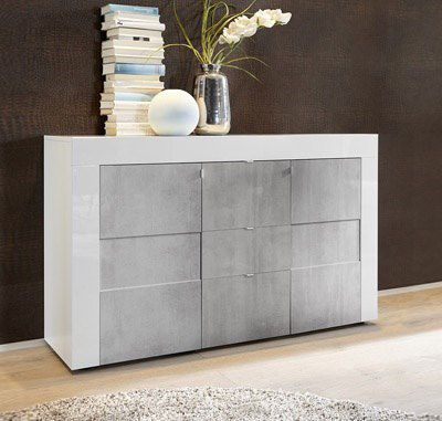 Credenza Moderna, Madia di Design, 2 ante e 3 cassetti, Bianco Lucido con frontali Beton, ZLCEAY-MD2A3CBE