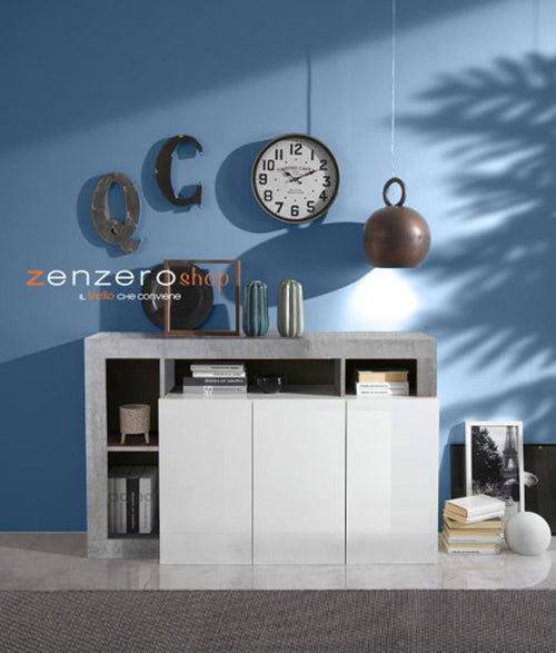 Credenza moderna 3 ante bianco laccato lucido e Cemento, ZLCHNMAD3O-CE