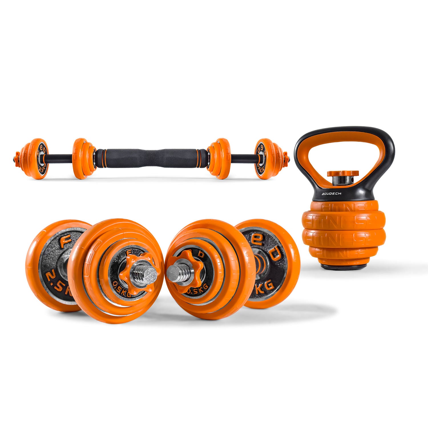 Boudech - F.E.D. 4in1 - Kit di manubri, bilancieri, maniglie e kettlebell da 20kg componibile e regolabile in acciaio zincato e ghisa con manicotti ergonomici in gomma