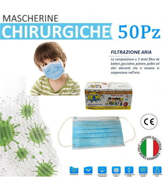 Mascherine Chirurgiche Per Bambini Monouso In Tnt 3 Strati Protettivi Viso 50pz         