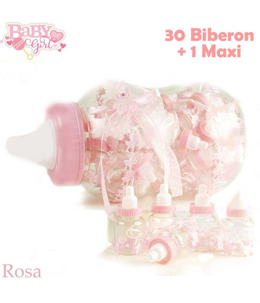 Maxi Biberon Porta Confetti Rosa Idea Nascita 30 Pezzi Baby +1 Maxi Battesimo         