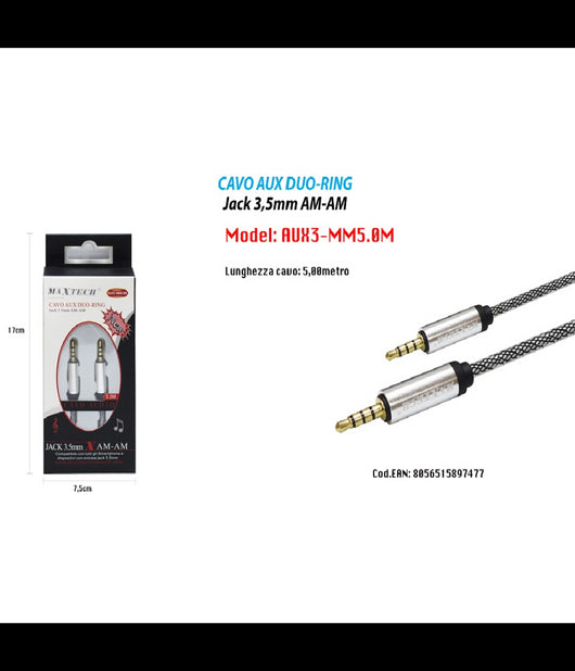 Maxtech Cavo Audio Aux Duo-ring Jack 3.5mm Am-am 5mt Per Smartphone Aux3-mm5.0m         