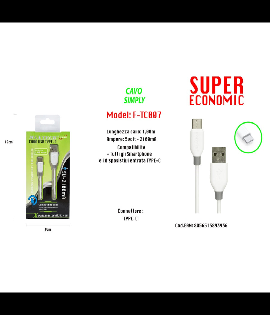 Maxtech Cavo Usb Simply Type-c Compatibile Per Smartphone 5volt - 2100ma F-tc007         