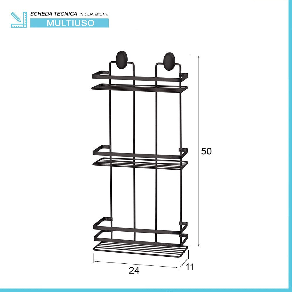 Mensola doccia porta oggetti nero 3 ripiani con supporti inclusi