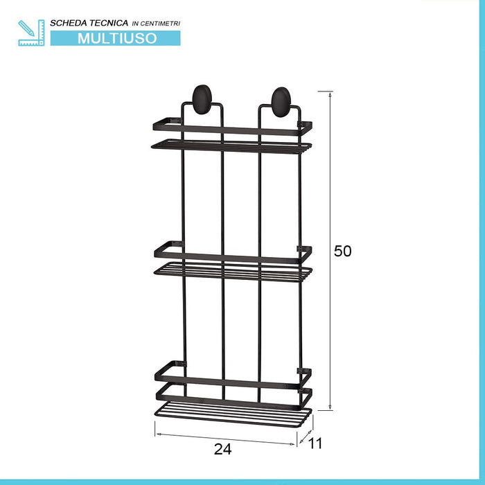Mensola doccia porta oggetti nero 3 ripiani con supporti inclusi