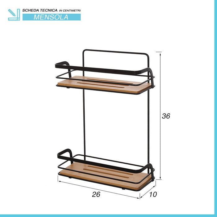Mensola doccia rettangolare in acciaio nero e 2 ripiani in bamboo Haiti