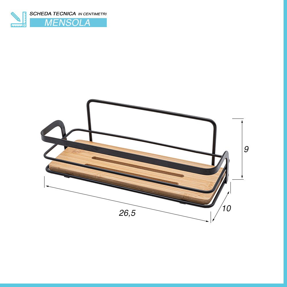Mensola doccia rettangolare in acciaio nero e ripiano in bamboo Haiti