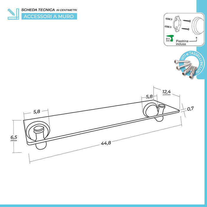 Mensola in vetro 45 cm supporti con finitura bronzo Iris Kit di fissaggio incluso