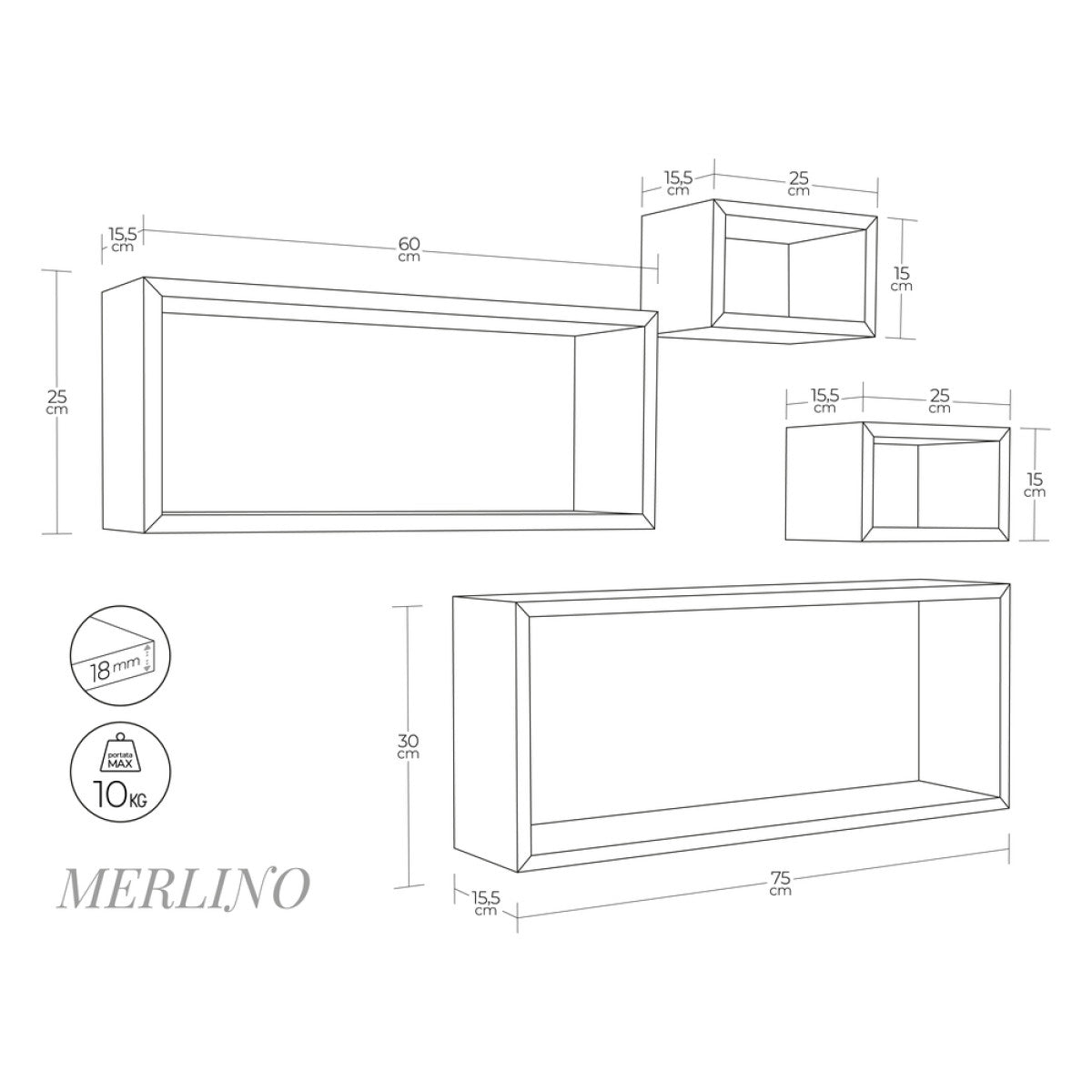 Set 4 Mensole da Muro Modello MERLINO, Pensile Bagno, Mensola Parete, Scaffale Parete. Misure 75x30 p15.5 cm, 60x25 p15.5 cm e 2 da 25x15 p15.5 cm. Finitura  ROV. GRIGIO NUOVO - MADE IN ITALY