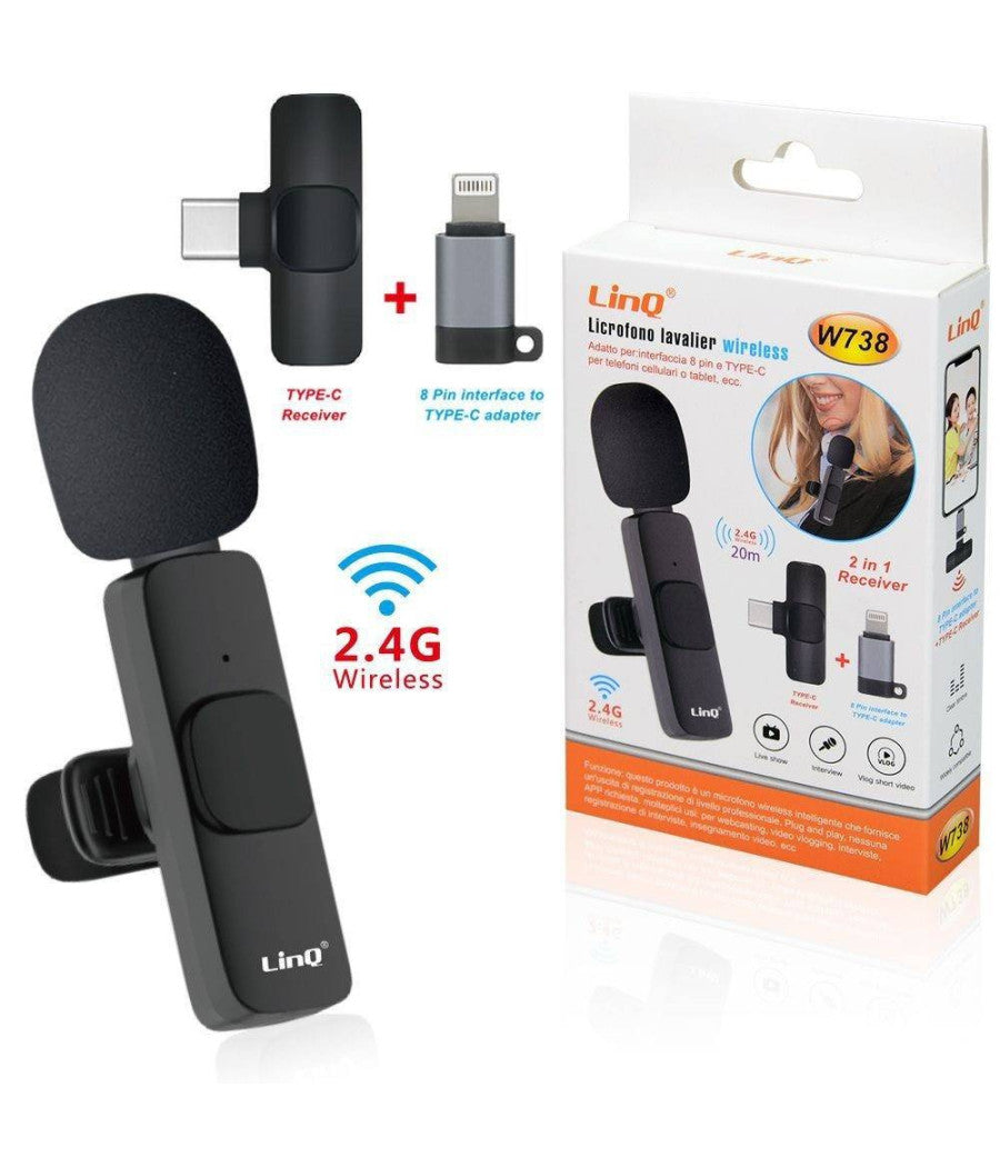 Microfono Lavalier Con Clip Colletto Bavero Wireless 2.4g Con Ricevitore 20m W738         