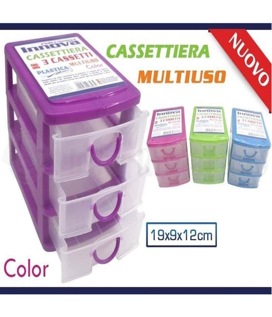 Mini Cassettiera 3 Cassetti Colorata Multiuso Plastica Minuteria Cotone         