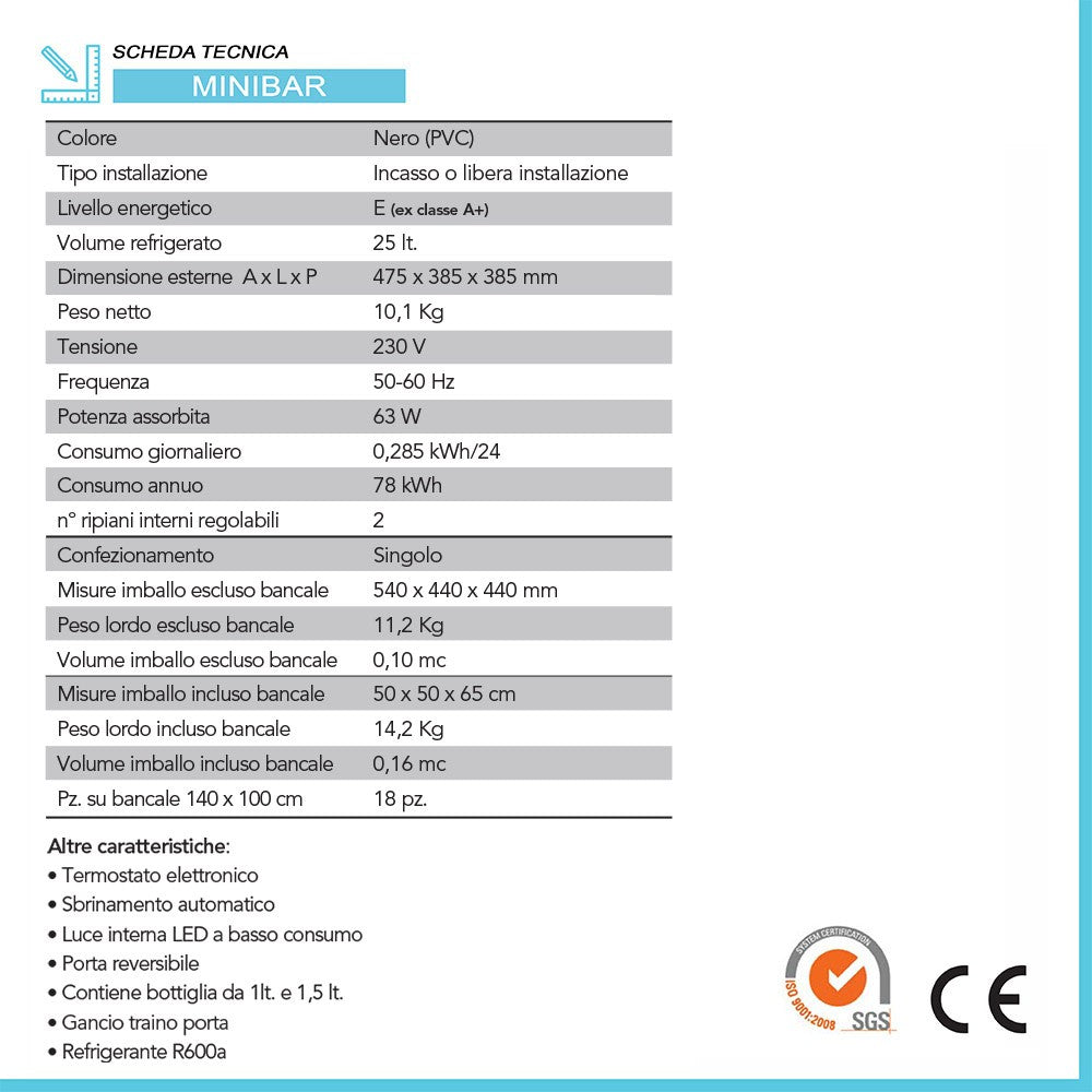 Mini frigo da incasso o libera installazione 28 Lt A+ silenzioso
