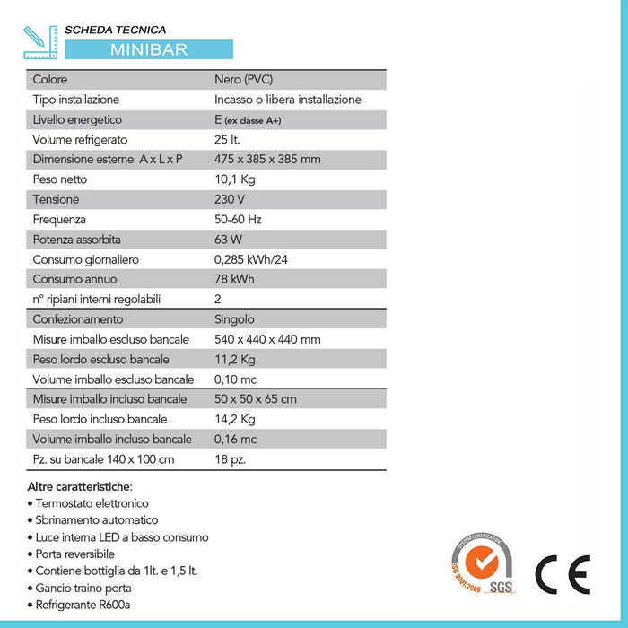 Mini frigo da incasso o libera installazione 28 Lt A+ silenzioso