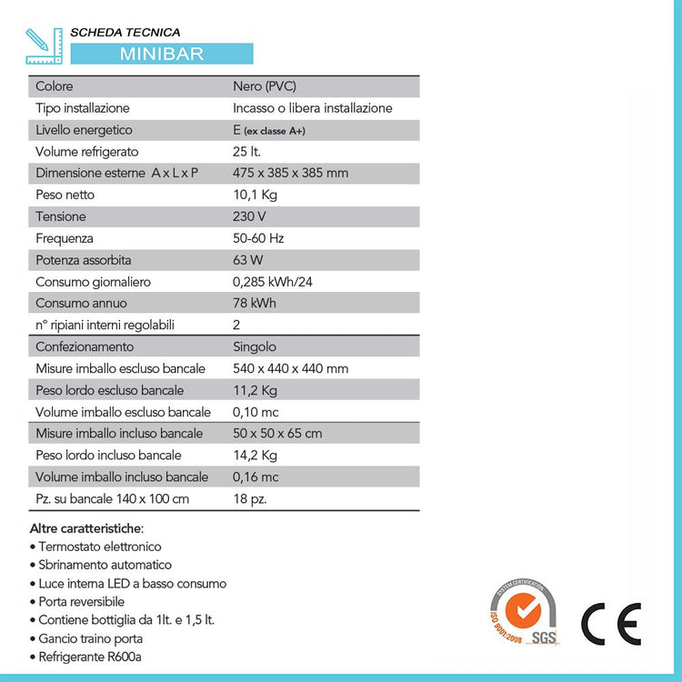 Mini frigo da incasso o libera installazione 28 Lt A+ silenzioso