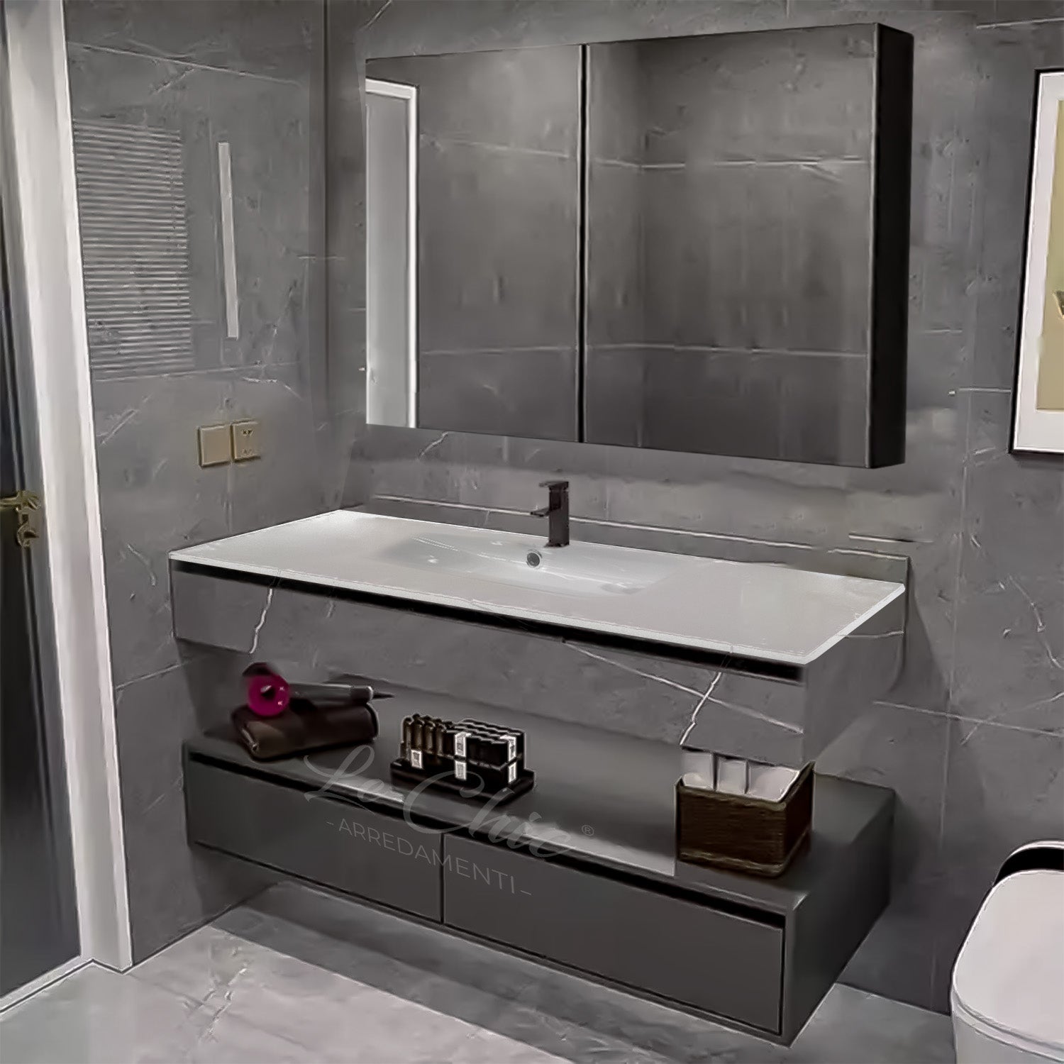 Mobile bagno moderno sospeso con lavabo rettangolare - 90 cm