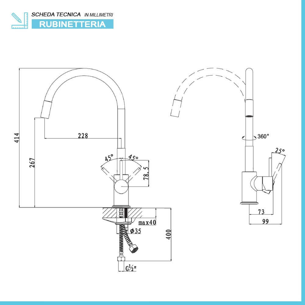 Miscelatore cucina lavello e lavanderia bianco canna alta orientabile snodata Snake 