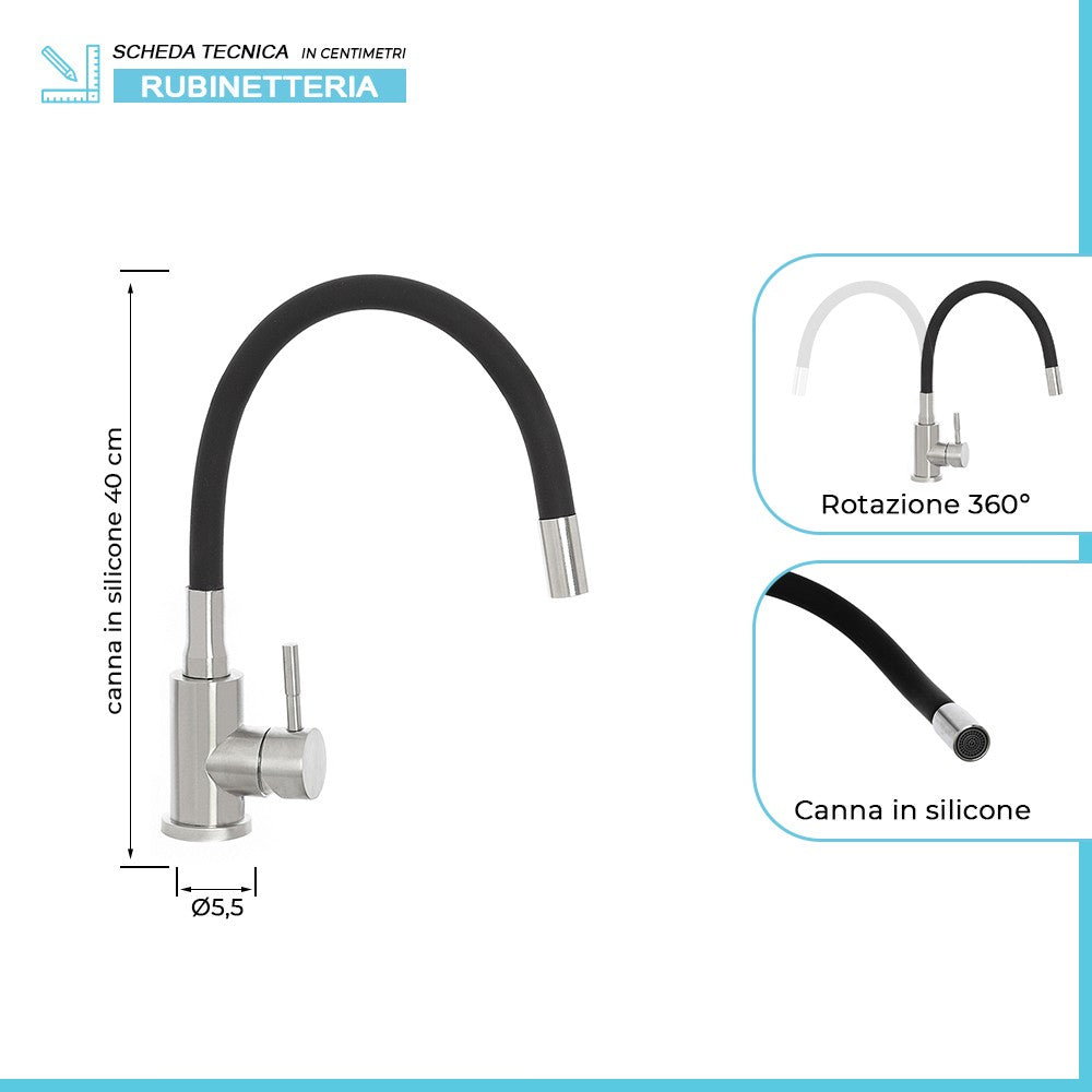 Miscelatore cucina spazzolato in acciaio inox con canna orientabile in silicone