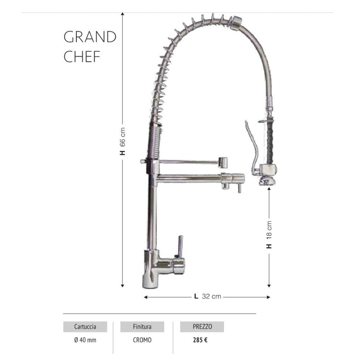 Rubinetto Cucina Miscelatore Monocomando Lavello con Molla Girevole in Ottone Grand Chef Cromato