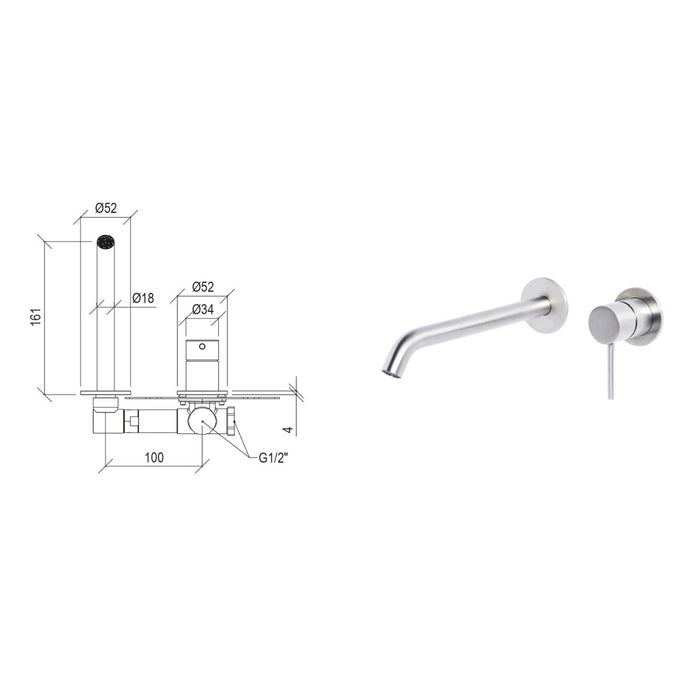 Rubinetto miscelatore lavabo ad incasso con bocca da 16 cm in acciaio inox 316l tubico tevere, colore spazzolato