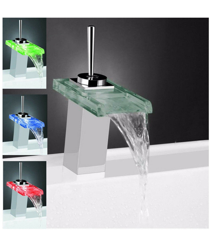 Miscelatore Monocomando Rubinetto A Cascata Vetro A Led Rubinetteria Bagno         