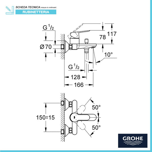 Miscelatore Vasca/Doccia GROHE BauEdge in Ottone Cromato Esterno