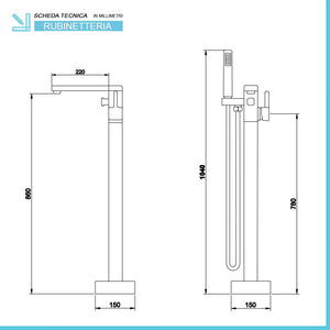 Miscelatore vasca freestanding a pavimento nero opaco quadrato 